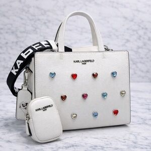 Karl Lagerfeld Rare White Maybelle Satchel Handbag Crossbody Rainbow Hearts